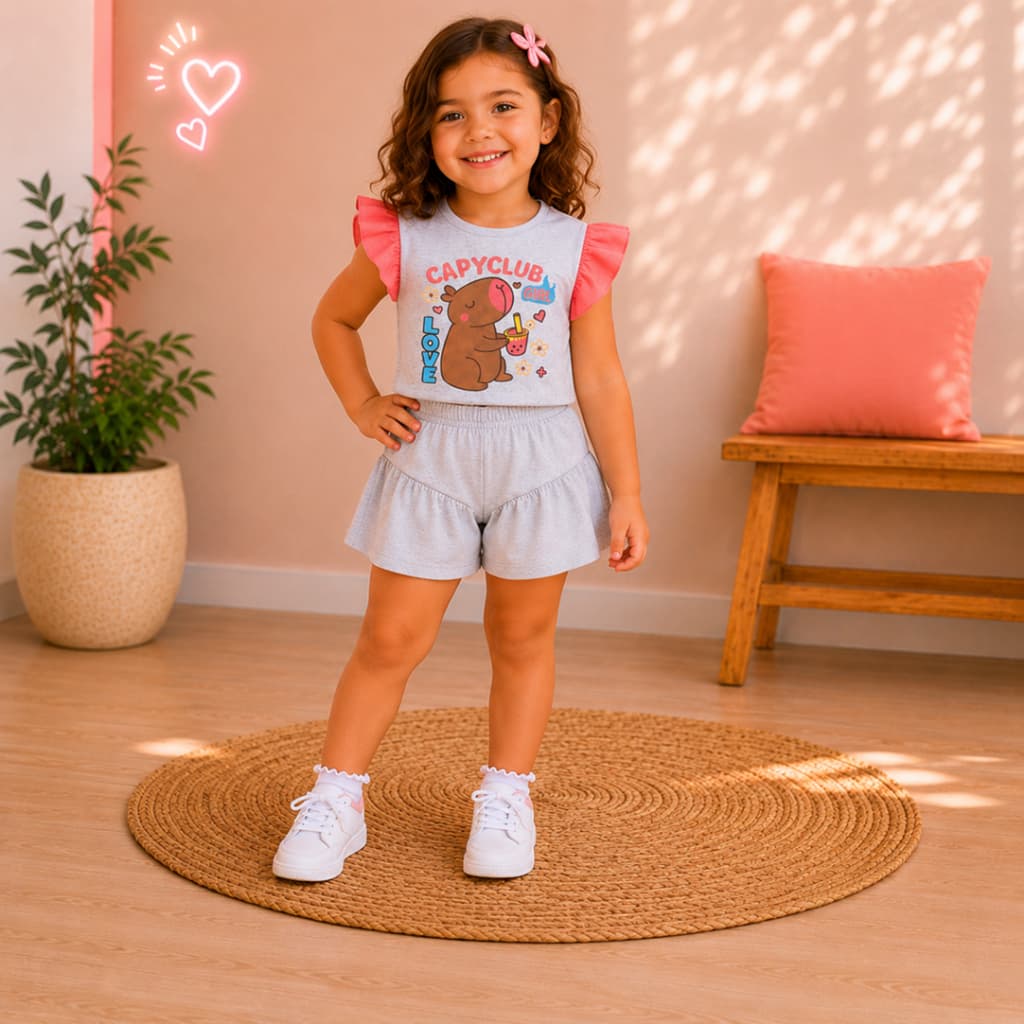 Conjunto Infantil Verão Blusa Cropped de Capivara Manga Franzida e Bermuda com Recorte e Franzido