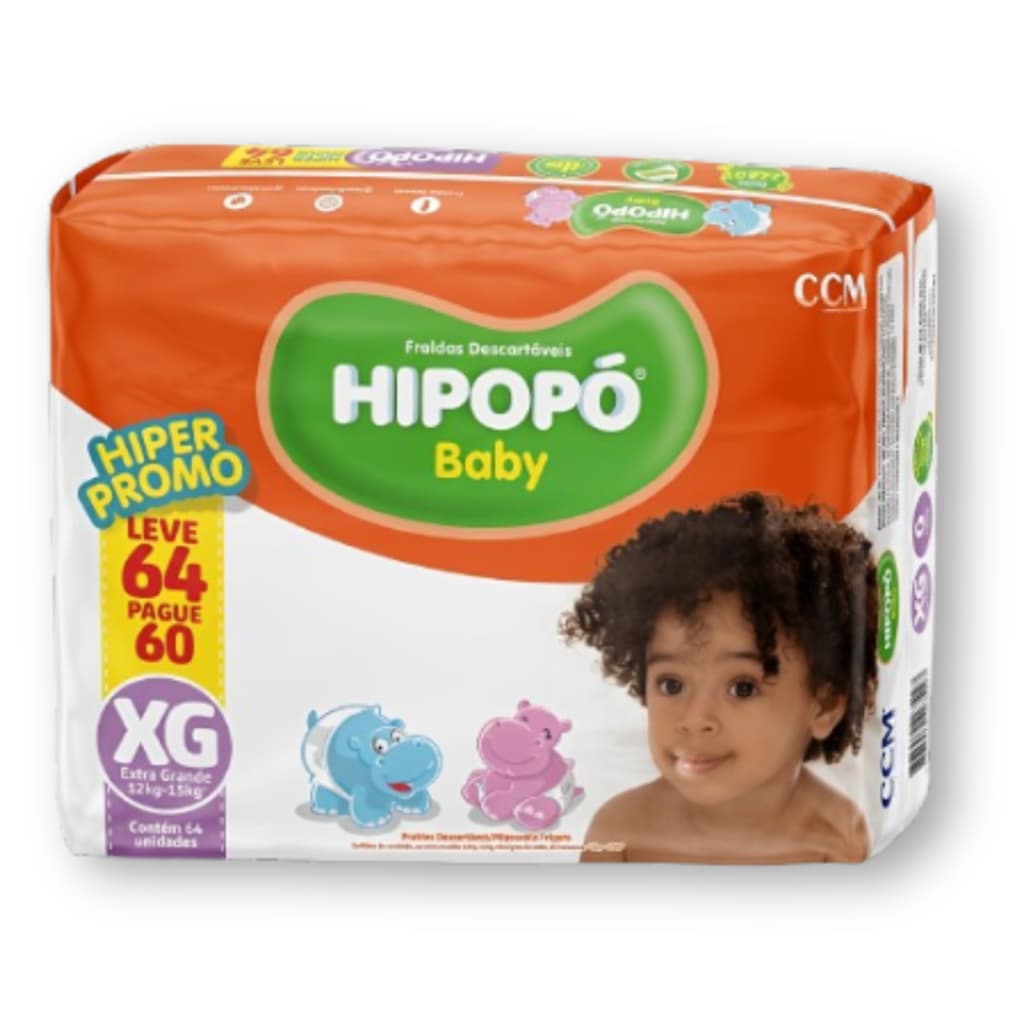 Fralda Descartável Hipopó Baby XG Pacotão Hiper 64 Unid. Econômica