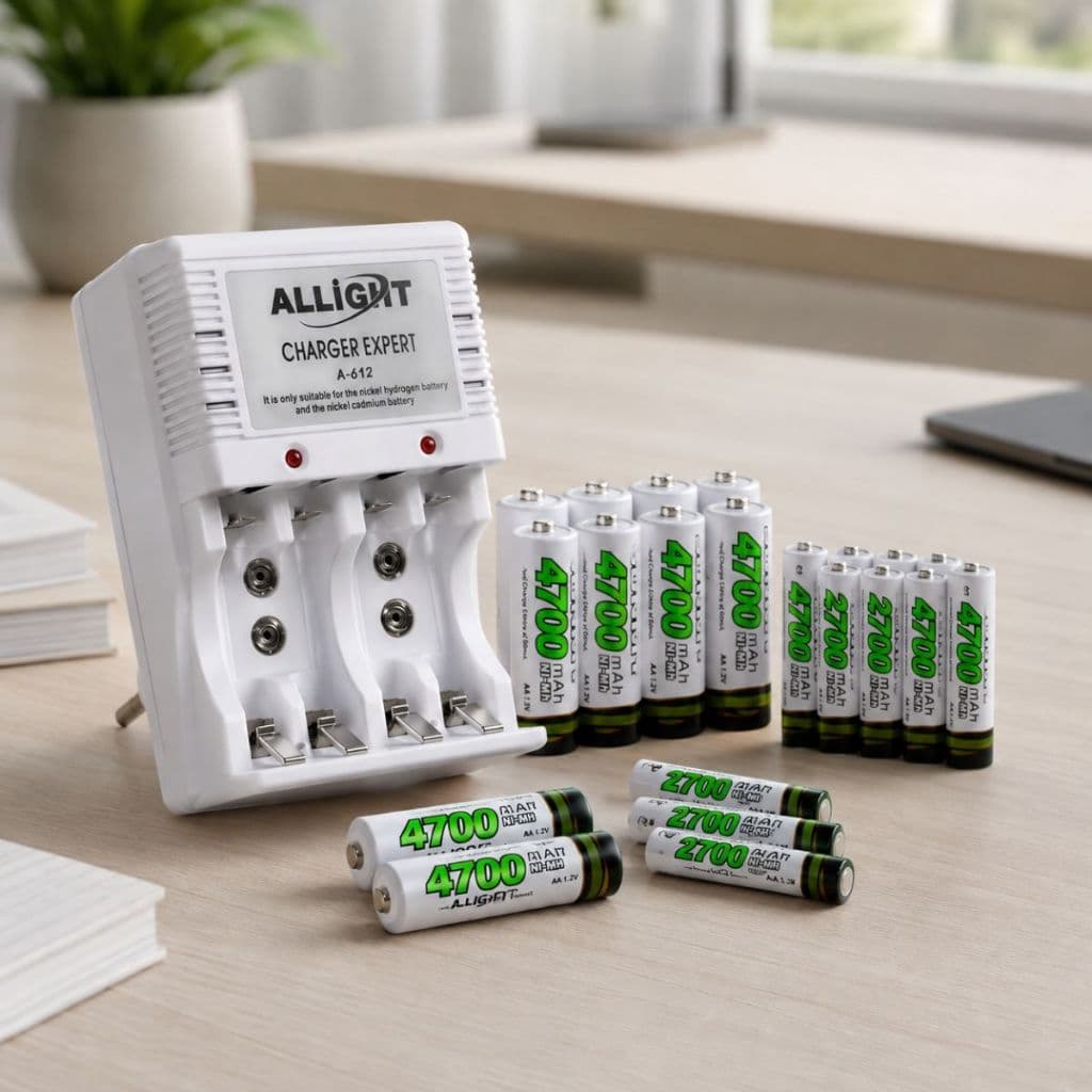 Carregador de Pilhas + 12 Pilhas(4 AA+8 AAA) Recarregáveis  Bivolt Carregamento Prático e Rápido