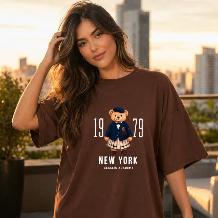 Camiseta Regular Feminina Urso NY 1979 100% Algodão Estampada Estilosa Confortável