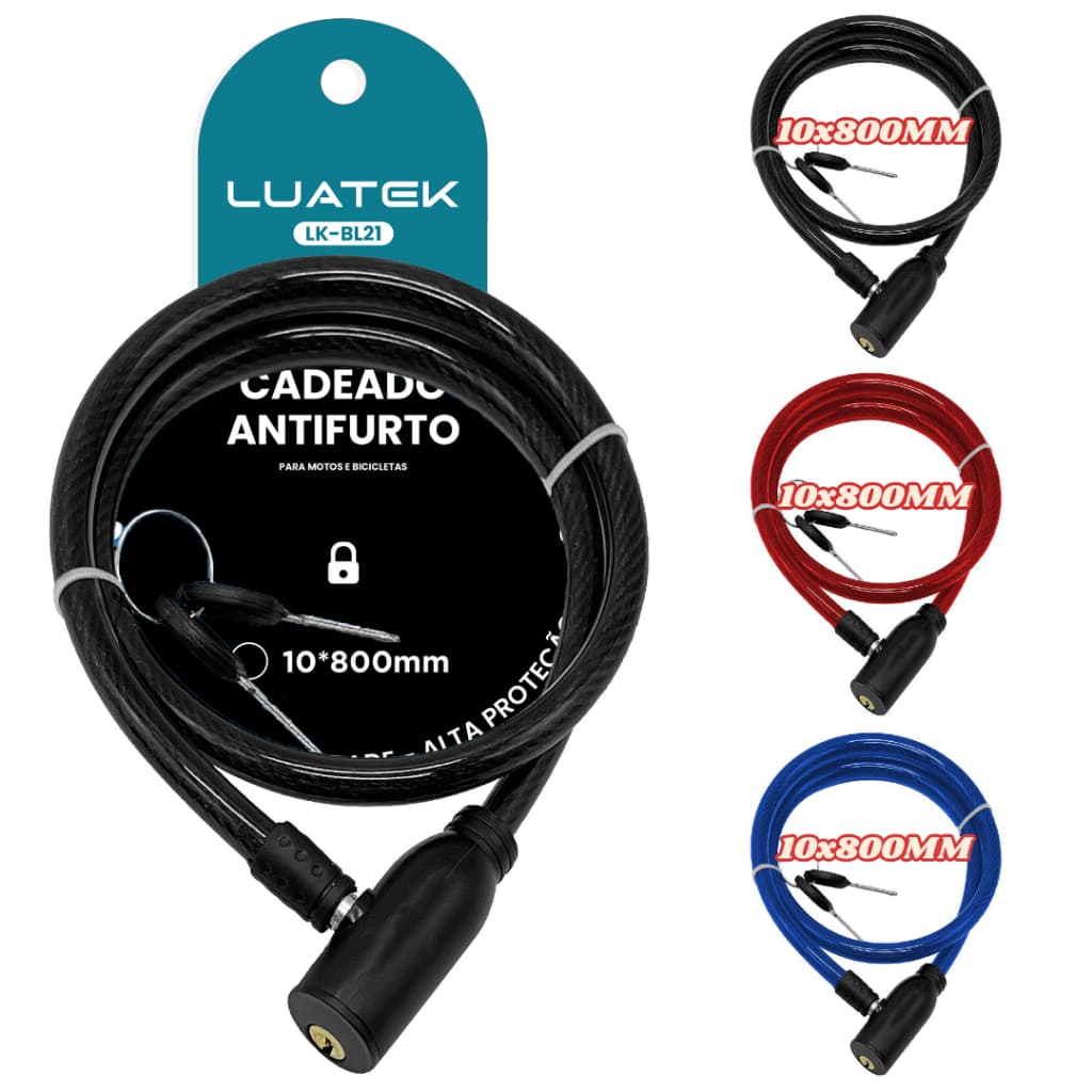 Cadeado Para Bicicleta e Moto Cabo de Aço 10x800MM Antifurto Com 2 Chaves Reforçado