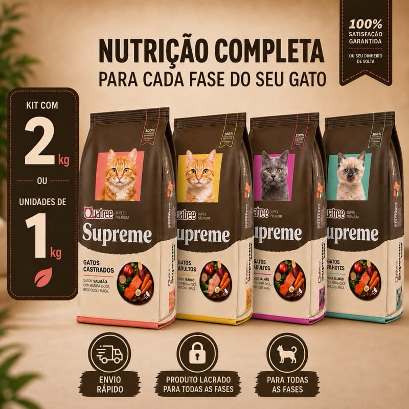 Kit com 2 Ração Gatos Quatree Supreme  Ração Gatos Castrados ,Adultos e Filhotes 1kg e 2kg Super Premium  Nova Formula