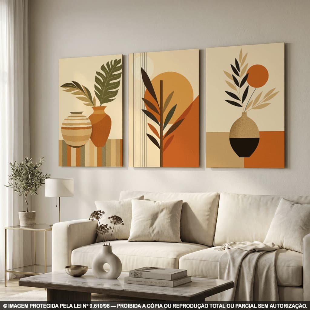 Kit 3 Quadros Decorativos Abstratos com Vasos e Folhagens – Arte Retrô em Tons Terrosos, Bege e Laranja para Sala
