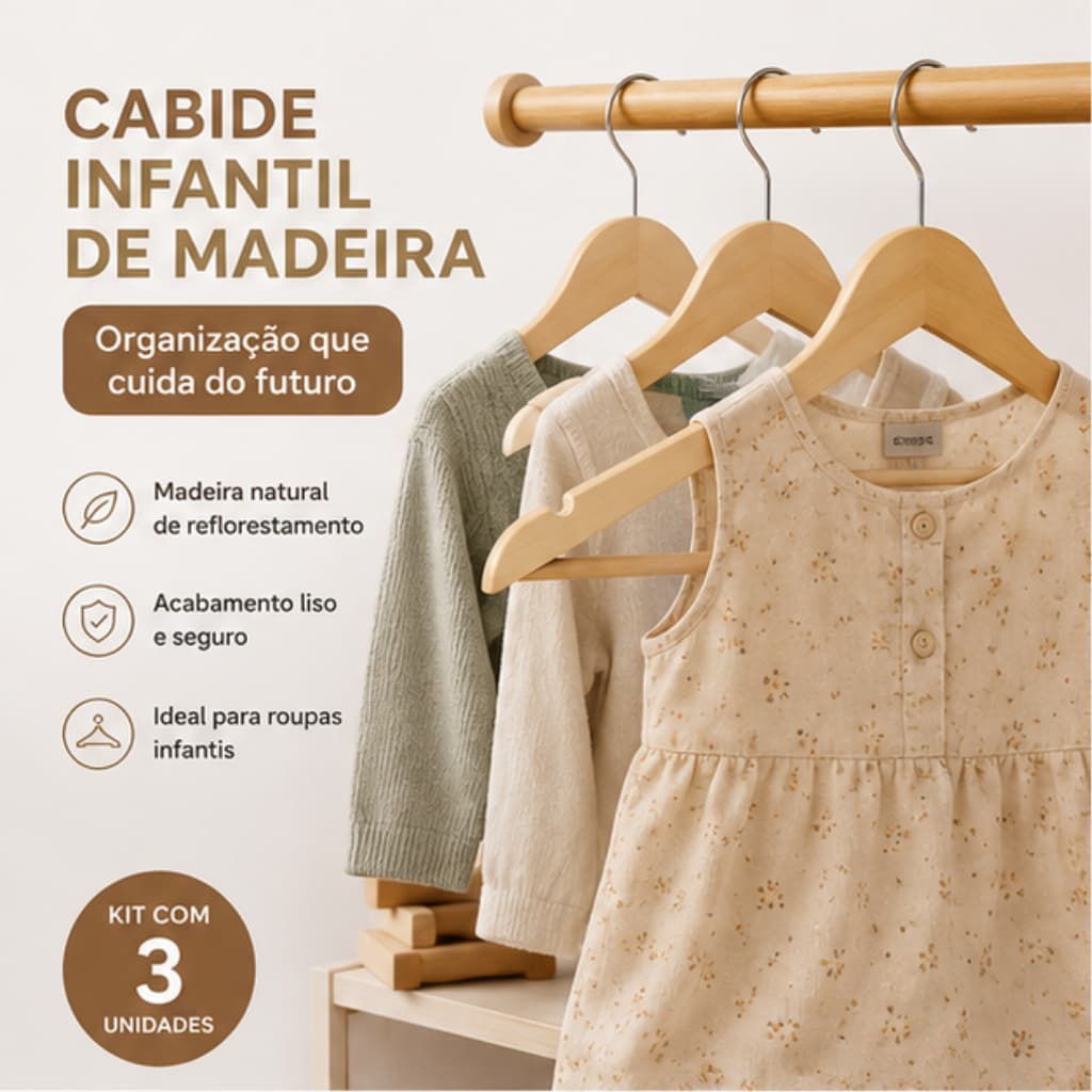 Kit 50 Cabide de Madeira Marfim com Verniz Infantil Topen Home