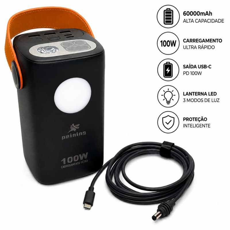 Bateria Portátil 60000mAh 100w + Cabo USB-C Starlink 2m Cinza
