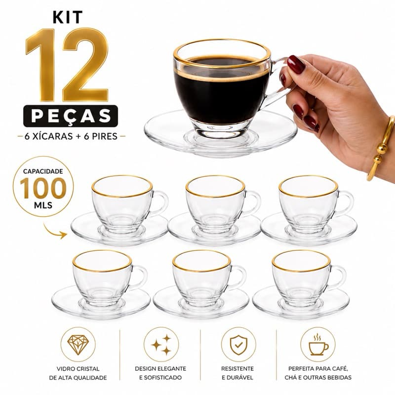 Conjunto Kit 6 Xícaras Café 100ml Vidro com Pires Detalhe Dourado Elegante Mesa Posta Cafézinho