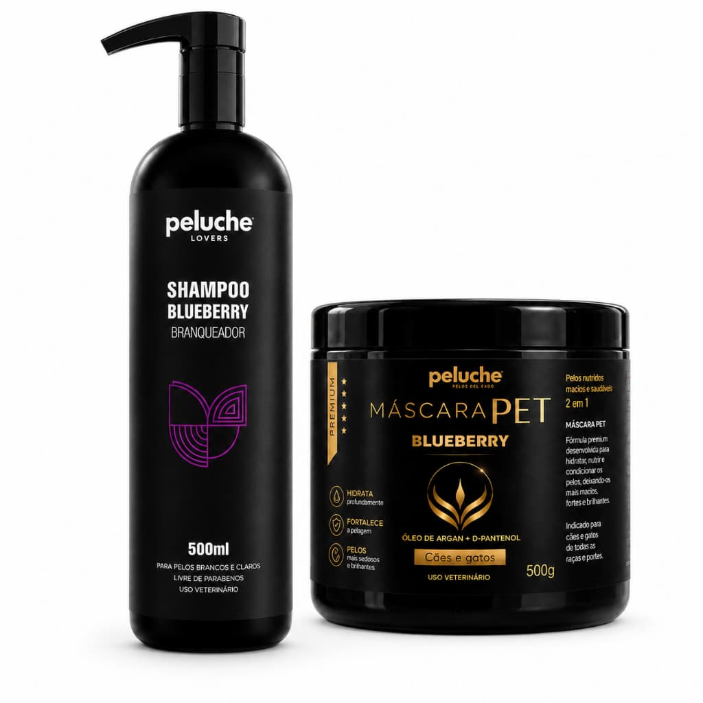Hidratação para Cachorro Shampoo Branqueador Máscara Blueberry Peluche Kit Pelos Claros Banho Pet Cães