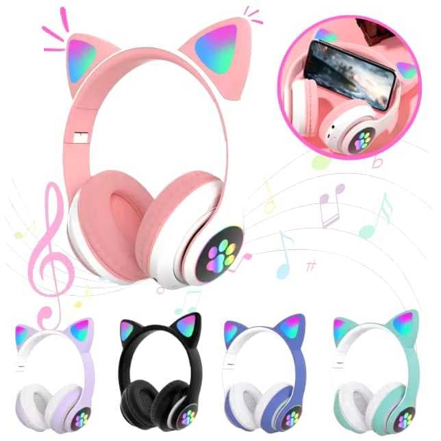 Fones de Ouvido Gatinho com LED Bluetooth Sem Fio Infantil Estéreo Headphone Cat Ear Gamer
