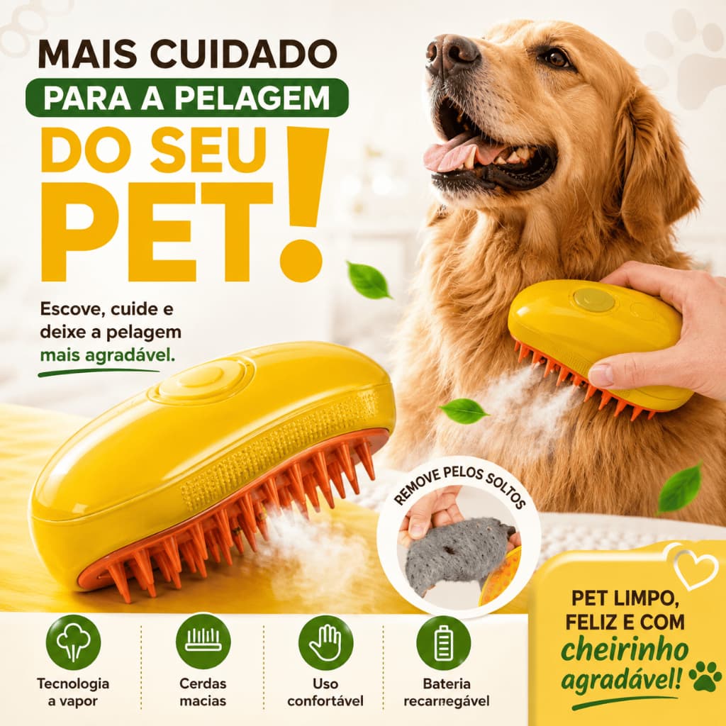 Escova a Vapor 3 em 1, para Pets Bivolt Recarregável Desembaraça Removedor Pelos Cães e Gatos Pente de Massagem