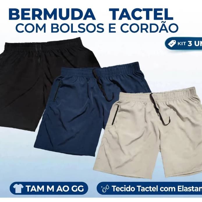 Kit Com 3 Bermudas Masculina Tactel Lisa Básica Esportiva Bermuda Adulto