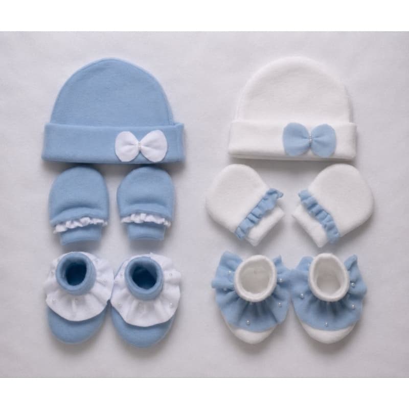 Kit Touca+ Luva e Sapatinho Bebê Menina Soft  Azul  com  branco – 2 Conjuntos/ou 1 kit