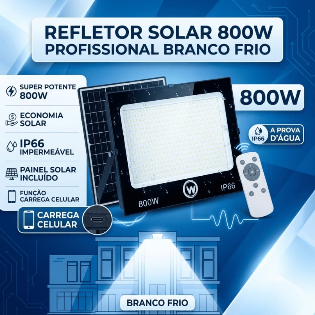 Refletor Solar 800W Holofote Branco Frio Prova D'Água Placa Carrega Celular Luz Potente Iluminação Externa