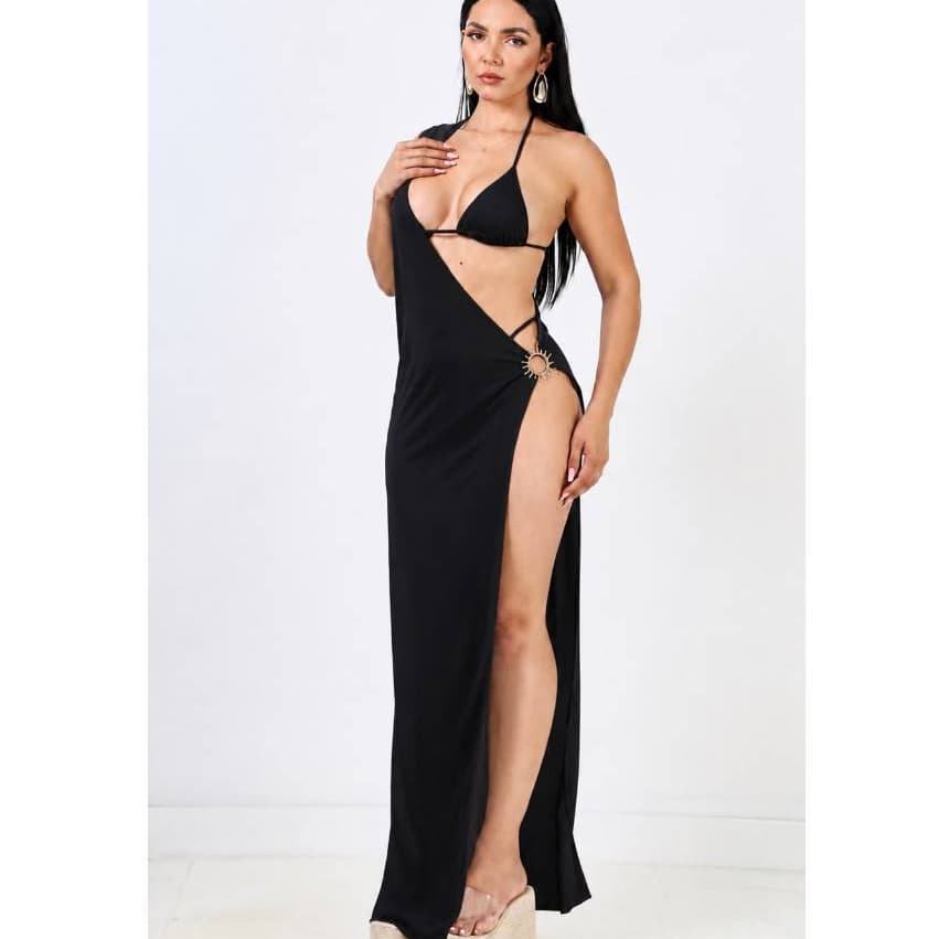 Conjunto feminino 3 peças maya - biquine fita + vestido longo saida de praia