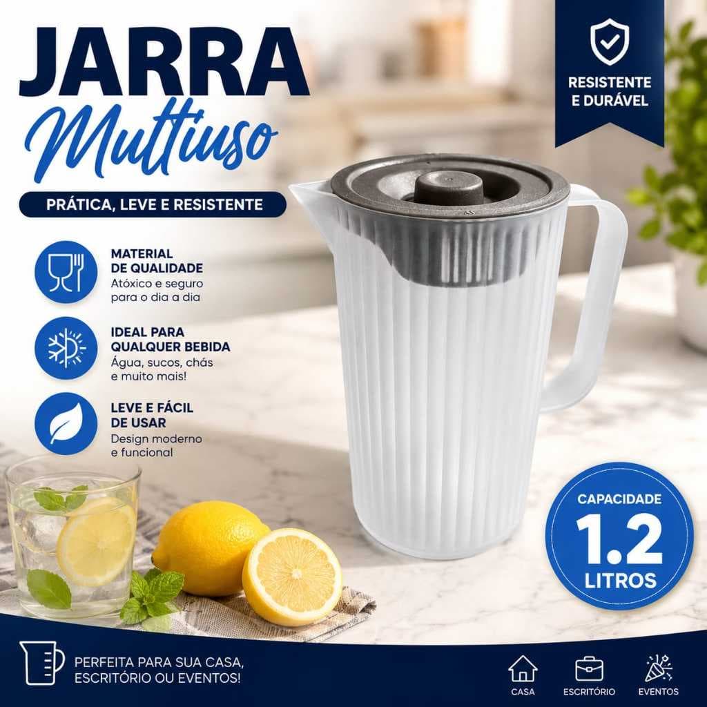 Jarra 1,2 Litros Para Sucos Agua Cha Com Textura Canelada Com Tampa Cinza Cozinha Jarra 1,2 Litros