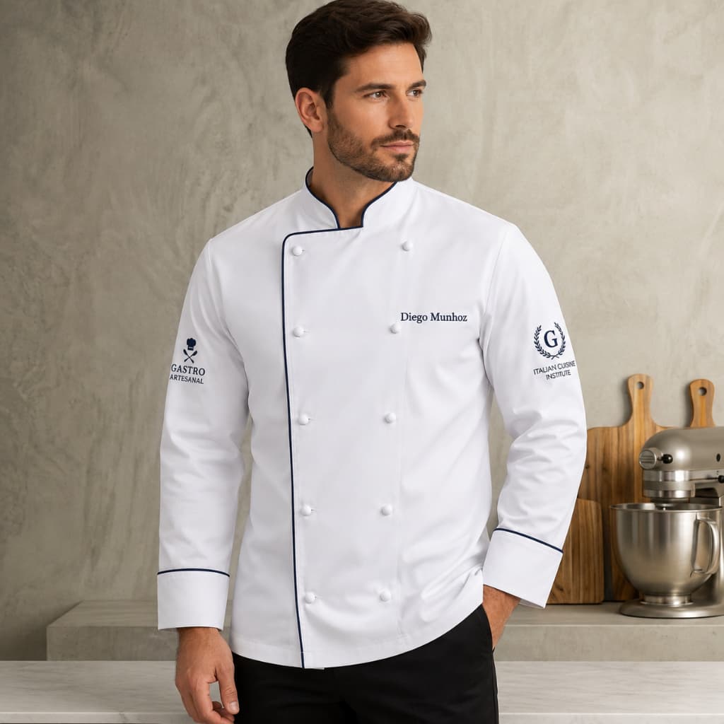 Dólmã Milano Chef Manga Longa em Gabardine com Vivo Azul Marinho Personalizada Bordado Nome ou Logo | Doma Dolma Farda