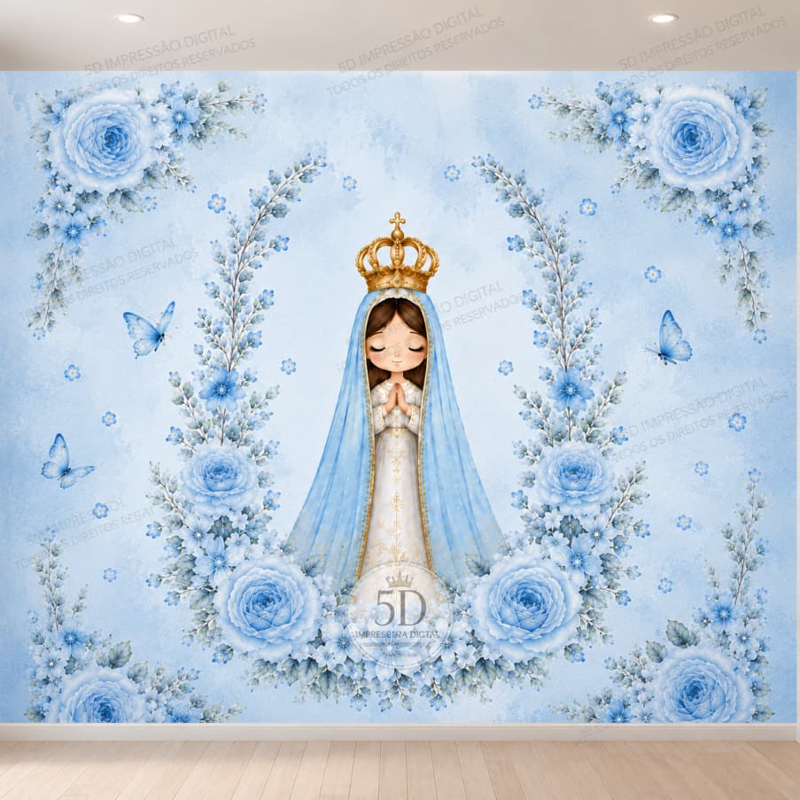 Papel de Parede Nossa Senhora Azul com Flores e Borboletas Autoadesivo