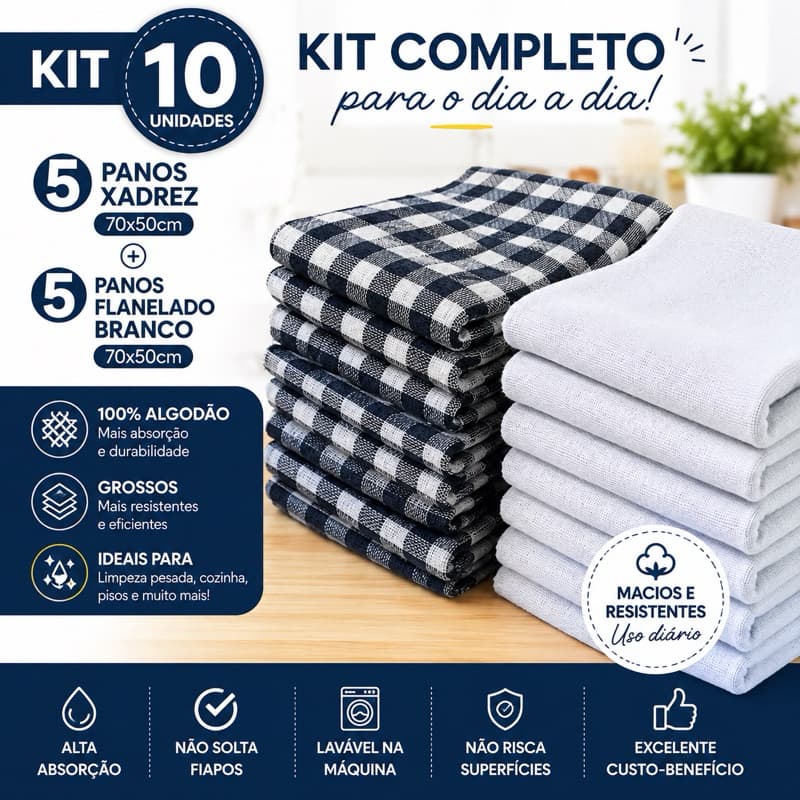 Kit 10 Panos de Chão 70x50cm Xadrez e Flanelado Branco Grosso Algodão