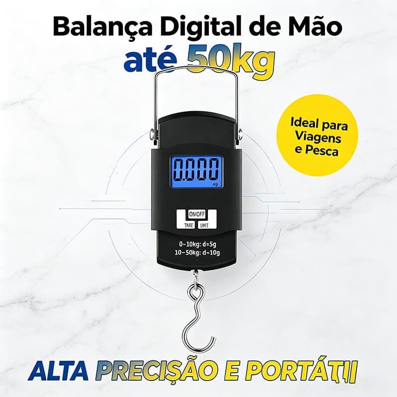 Balança Digital Portátil de Gancho até 50 kg com Visor LCD, Função Tara e Unidades para Mala, Bagagem, Pesca e Viagem