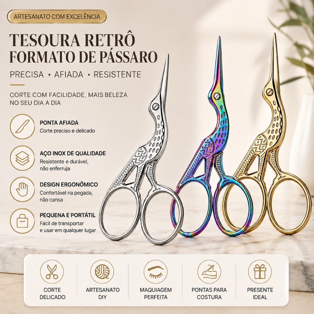 Tesoura de Bordado Formato de Garça – Pequena, Elegante e Precisa para Costura, Artesanato e Linhas