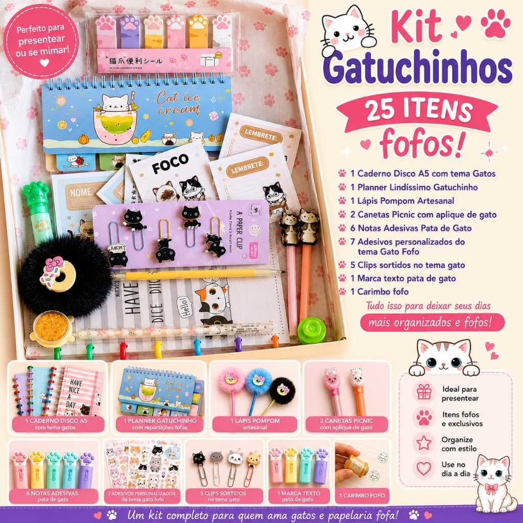 Kit Papelaria Fofa Total Gato Caderno Disco Planner Lápis Caneta Adesivos Carimbo Material Escolar Presente