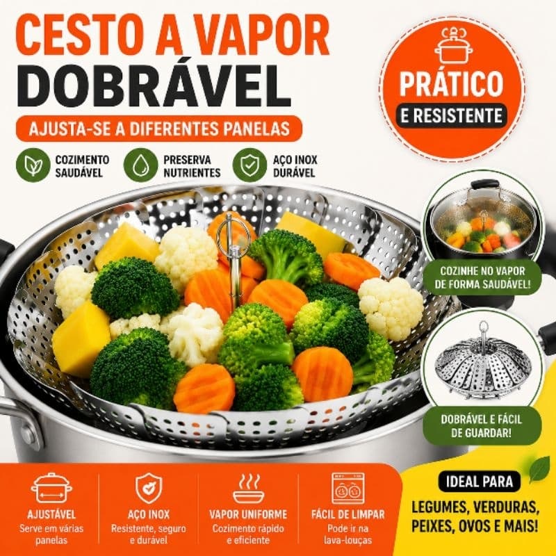 Cesto Cozedor a Vapor Inox Dobrável Escorredor de Legumes para Panela
