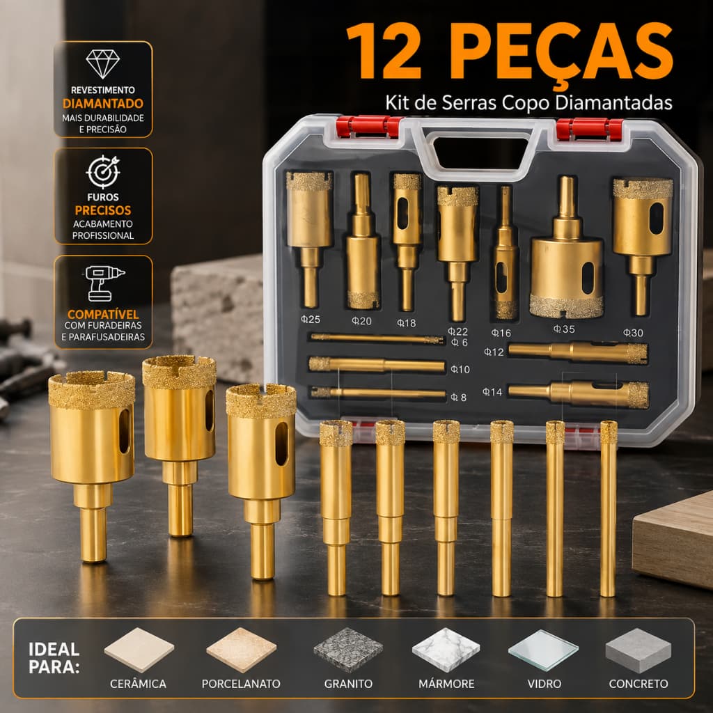 Jogo 12 Brocas Diamantadas Serra Copo furar Vidro Granito Ceramica 6 a 35 mm kit ferramentas
