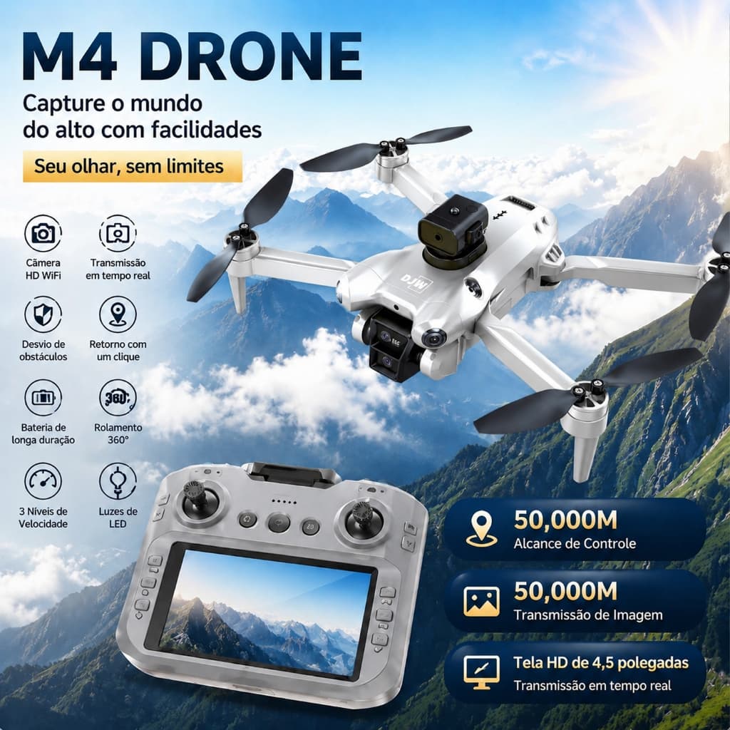 M4 Drone GPS 8K HD Camera FPV Foldable RC Quadcopter Long Range Control 2 Batteries Envio do Brasil