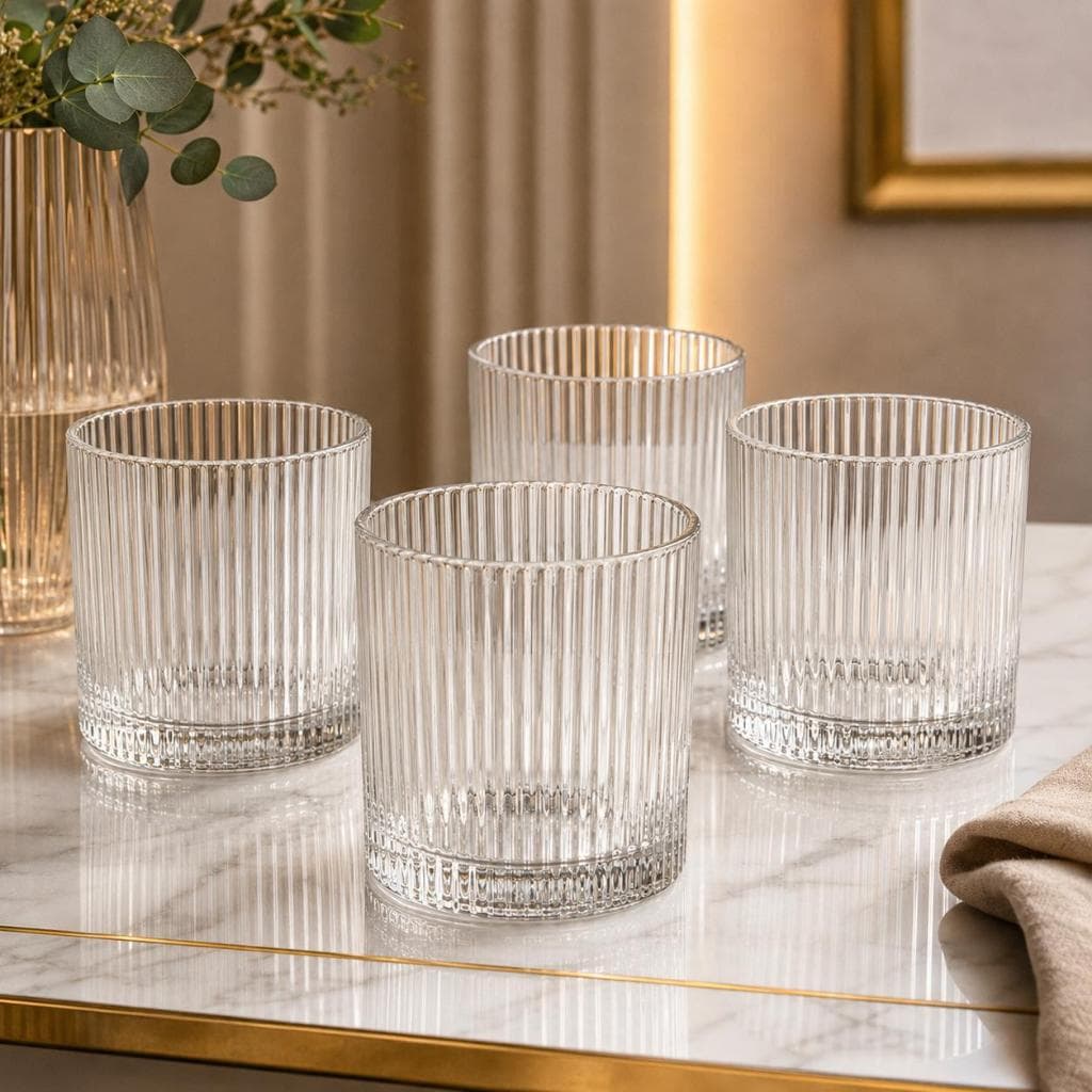 Jogo 4 Copos Whisky 340ml Baixo Vidro Canelado Cristal Transparente Drink Bar Luxo Uisque