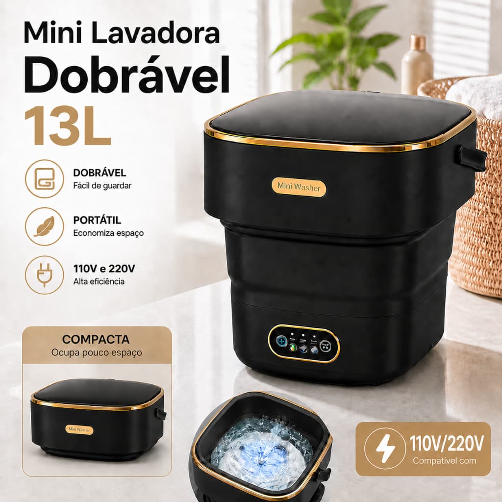 Mini Máquina de Lavar Roupas Portátil 13L Dobrável Bivolt 110V/220V Para Roupas Íntimas Automática