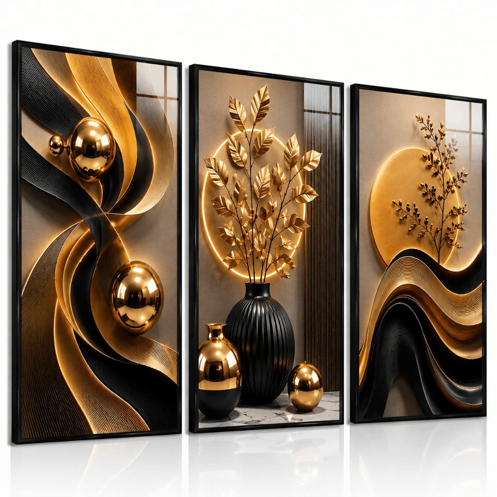 Trio Quadros Decorativos Modernos Abstrato Preto Dourado Bege para Sala Quarto Escritório