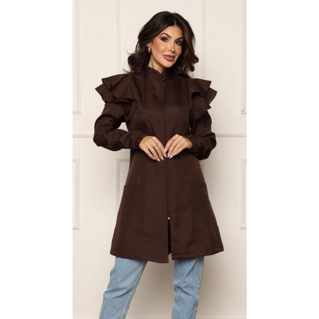 Jaleco Feminino Manga Longa Victoria Oxford Zíper Marrom Gardenia Jalecos