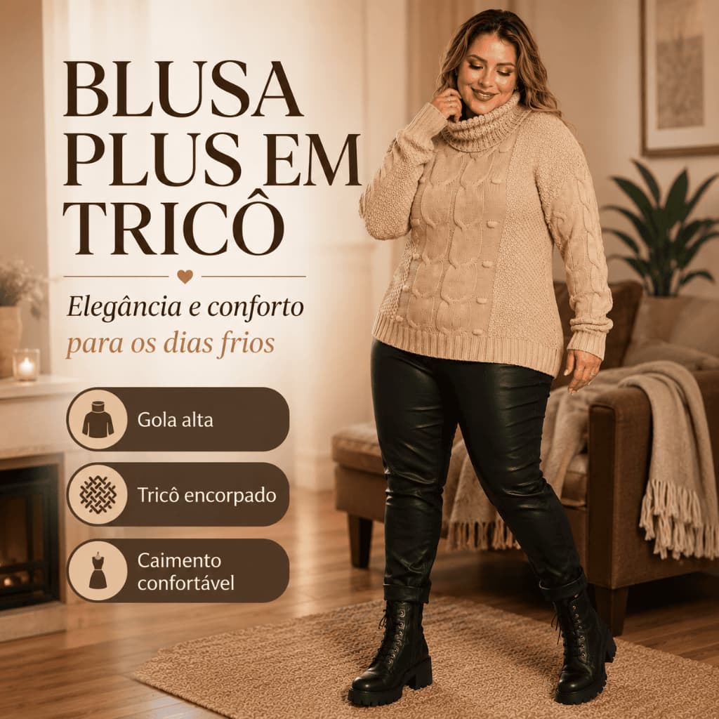 Blusa Feminina Plus Size de Tricô Manga Longa Inverno Confortável e Elegante