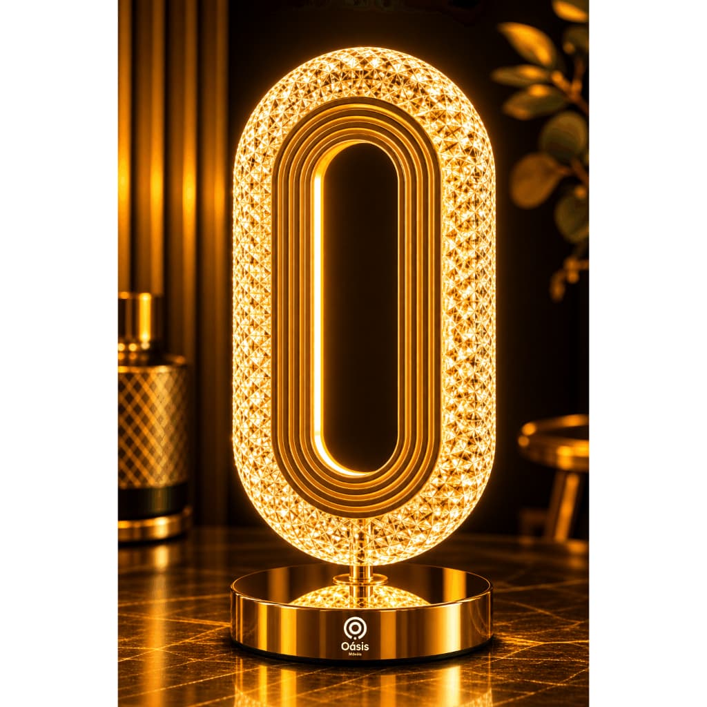 Luminária Decorativa LED Oval Cristal Dourada Touch USB Para Quarto Sala Moderna Luxo