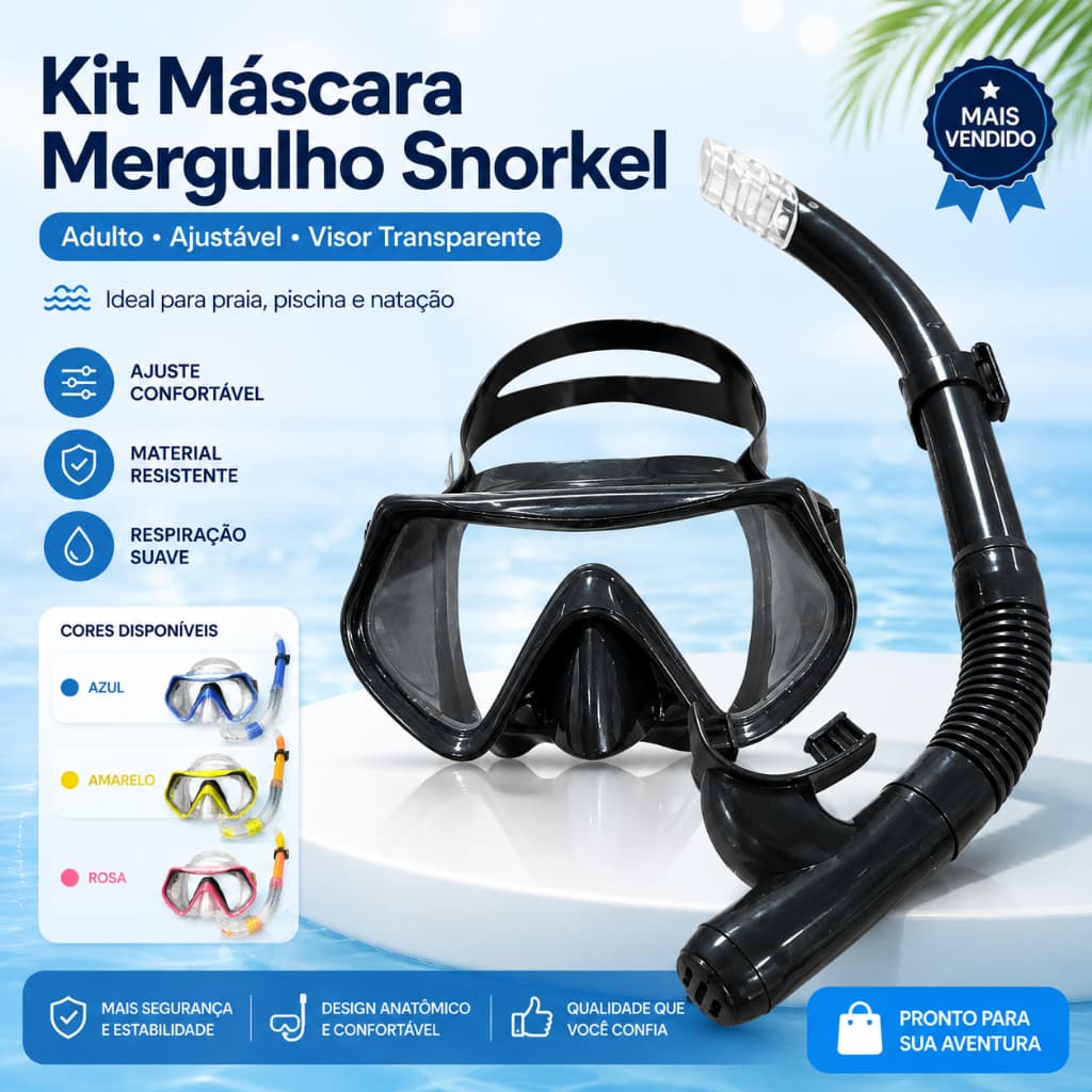 Kit Máscara Mergulho Snorkel Óculos Respirador Adulto Praia Piscina Ajustável Natação Visor Transparente