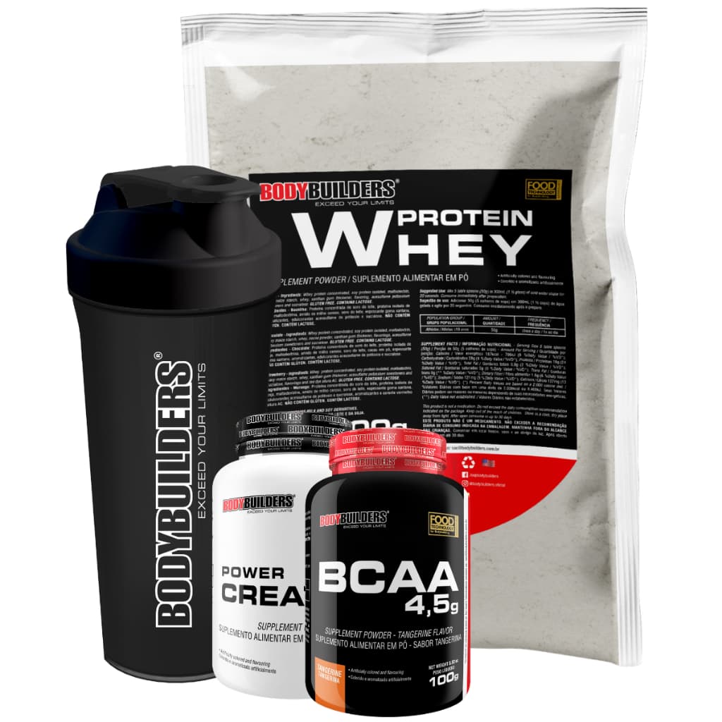 Kit Whey Protein 500g + BCAA 4,5 100g + Power Creatina 100g + Coqueteleira - Bodybuilders
