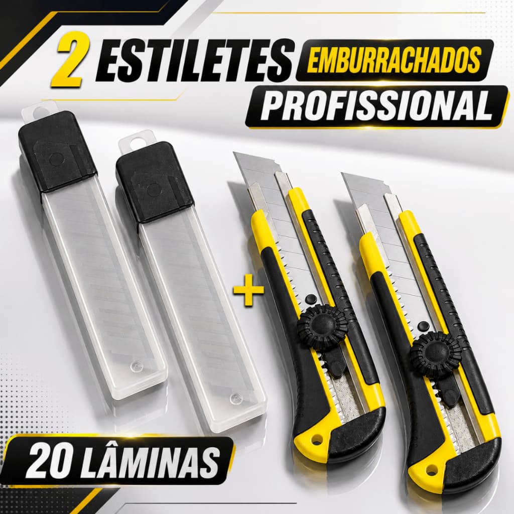 Kit Estilete Profissional Emborrachado com Lâminas de Reposição 1 ou 2 Estiletes + 10 ou 20 Lâminas