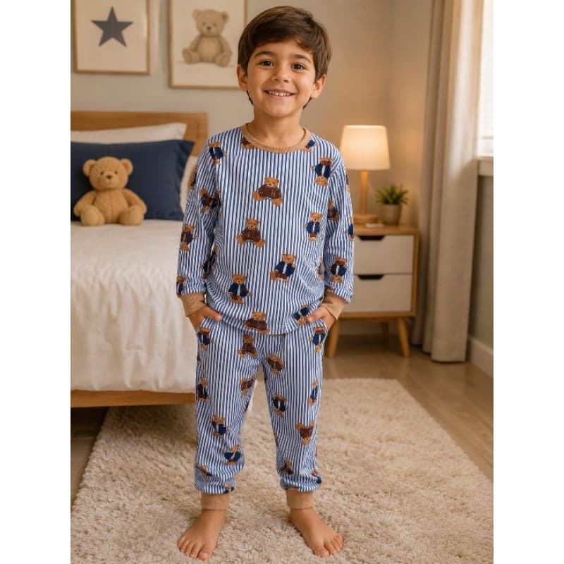 Pijama Infantil Menino 100% Algodão Manga Longa Ursinho Listrado Conjunto de Pijama
