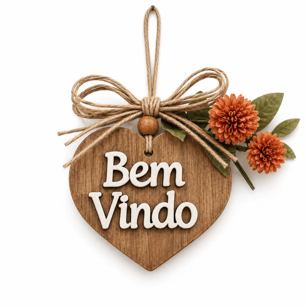 Pendente Enfeite Porta Coração Madeira Lar Adorno Parede Placa Bem Vindo