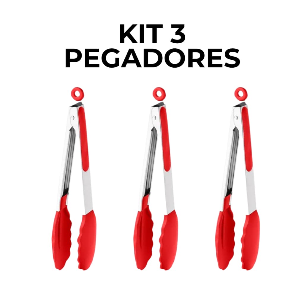 Kit 3 Pegadores de Silicone 33cm Vermelho Para Carne Churrasco Salada Cozinha Com Trava