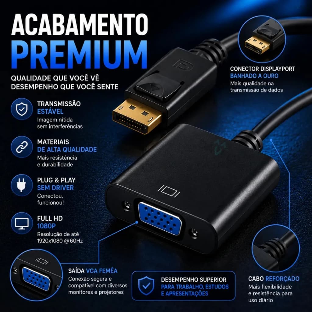 Cabo Conversor Adaptador Displayport Para Vga Femea