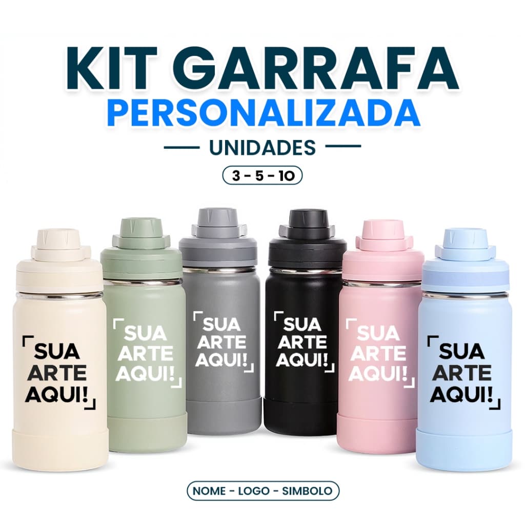 Kit Garrafa Térmica 350ml Personalizada 10 Unidades  - Base Silicone Colorida Squeeze Alça Inox Unissex