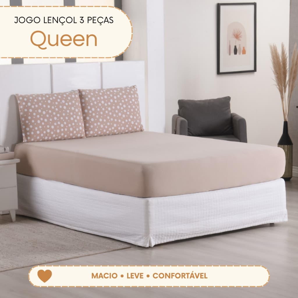 Jogo de Lençol Queen 3 Peças com Elástico 2 Fronhas Poá Malha 100% Algodão Macio e Confortável Uso Diário