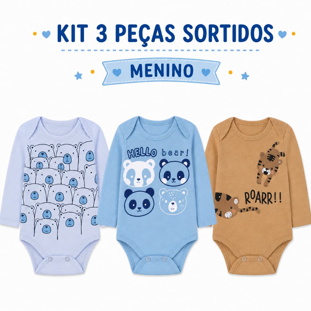 Kit 3 Body Bebê Manga Longa Inverno Menino ou Menina Roupas de Bebê Sortido