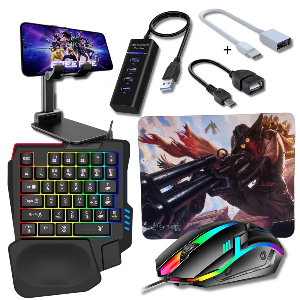 Kit Mobilador Celular Completo Teclado Gamer Uma Mão + Mouse Rgb Hub Usb 3.0 + Mouse Pad