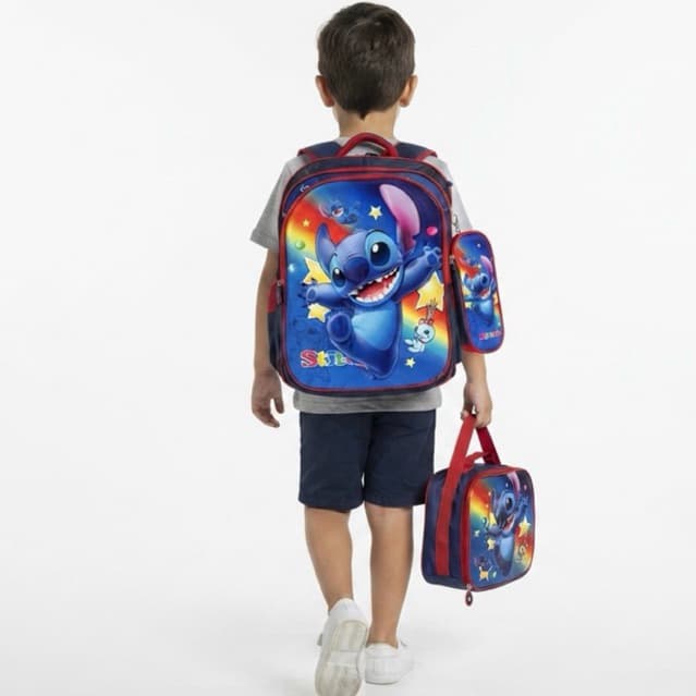 Kit Mochila Infantil Stitch Menino Escolar Lancheira Térmica e Estojo Reforçada Marculina