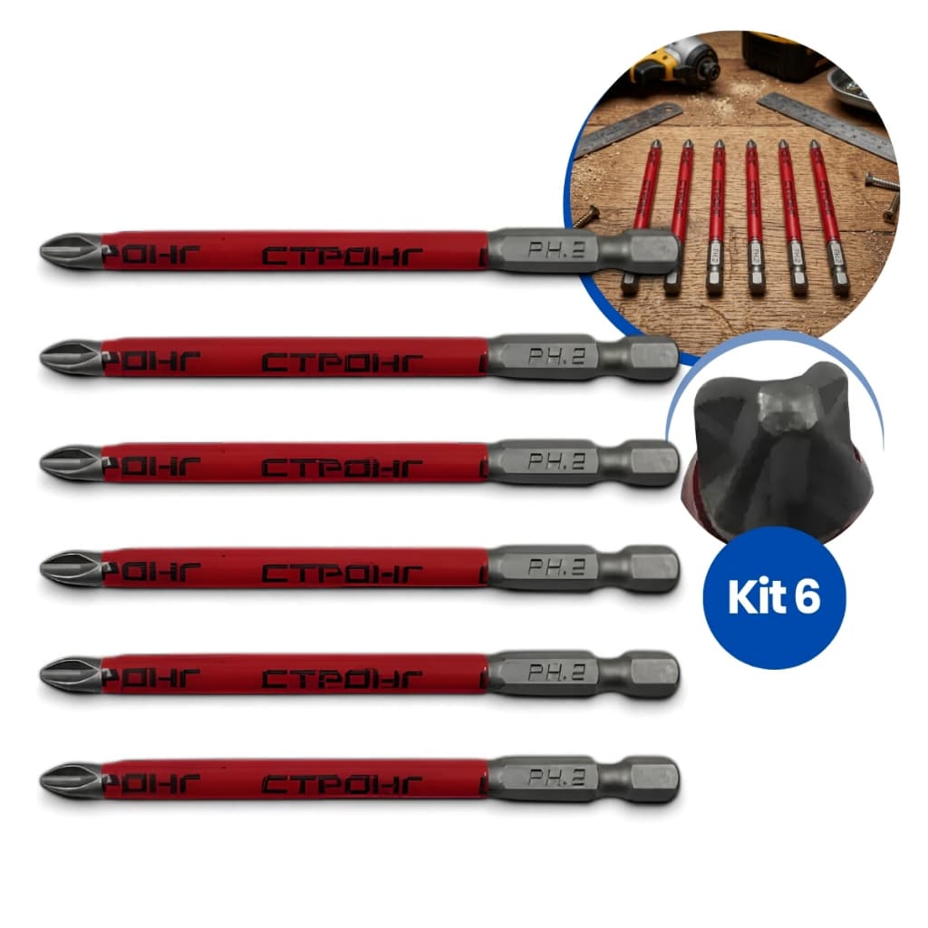Kit 6 Ponteiras Bits Philips Ph2 Longo 90mm  Parafusadeira Magnético Profissional