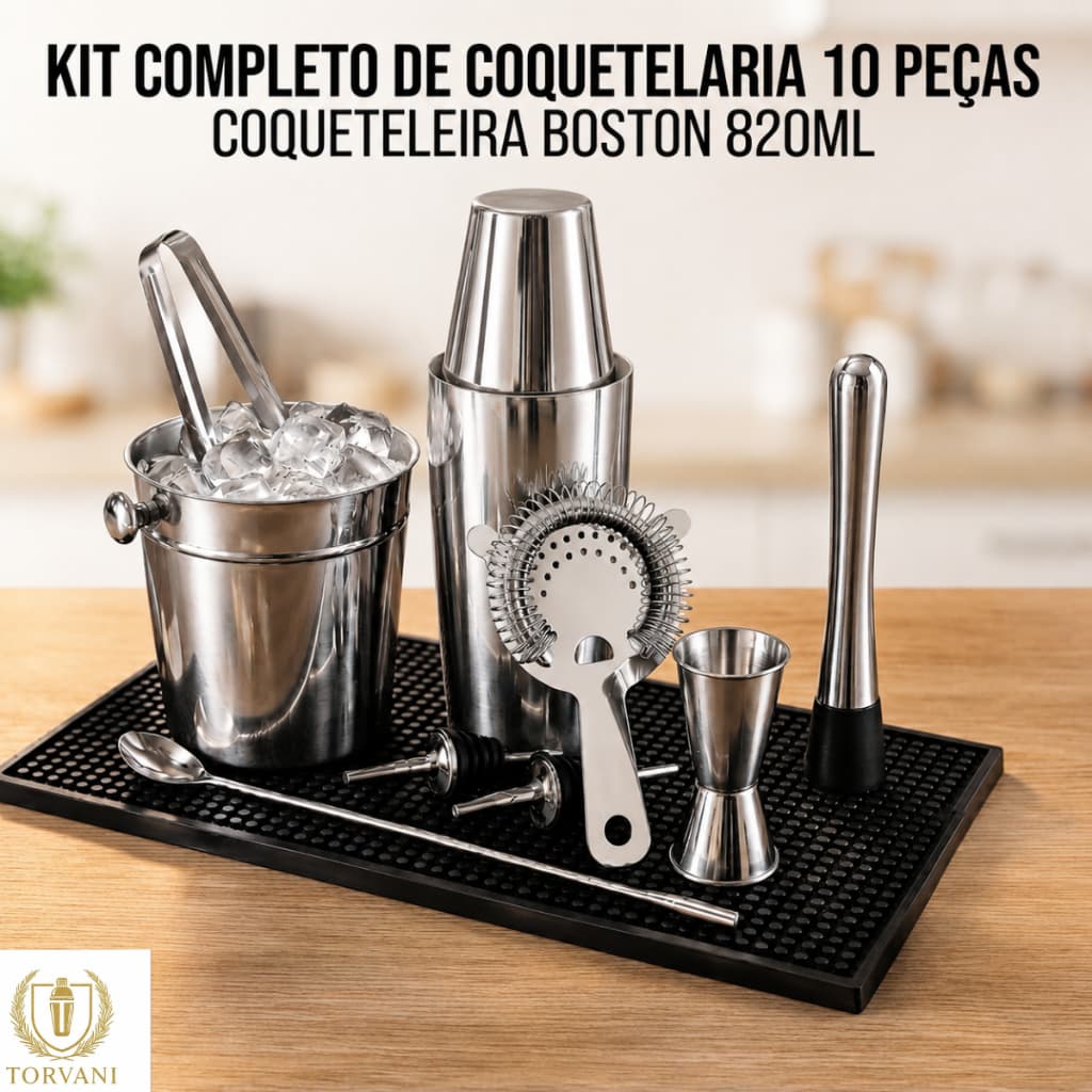 Kit Completo de Coquetelaria em Aço Inox – Coqueteleira, Dosador e Acessórios para Drinks (10 Peças)