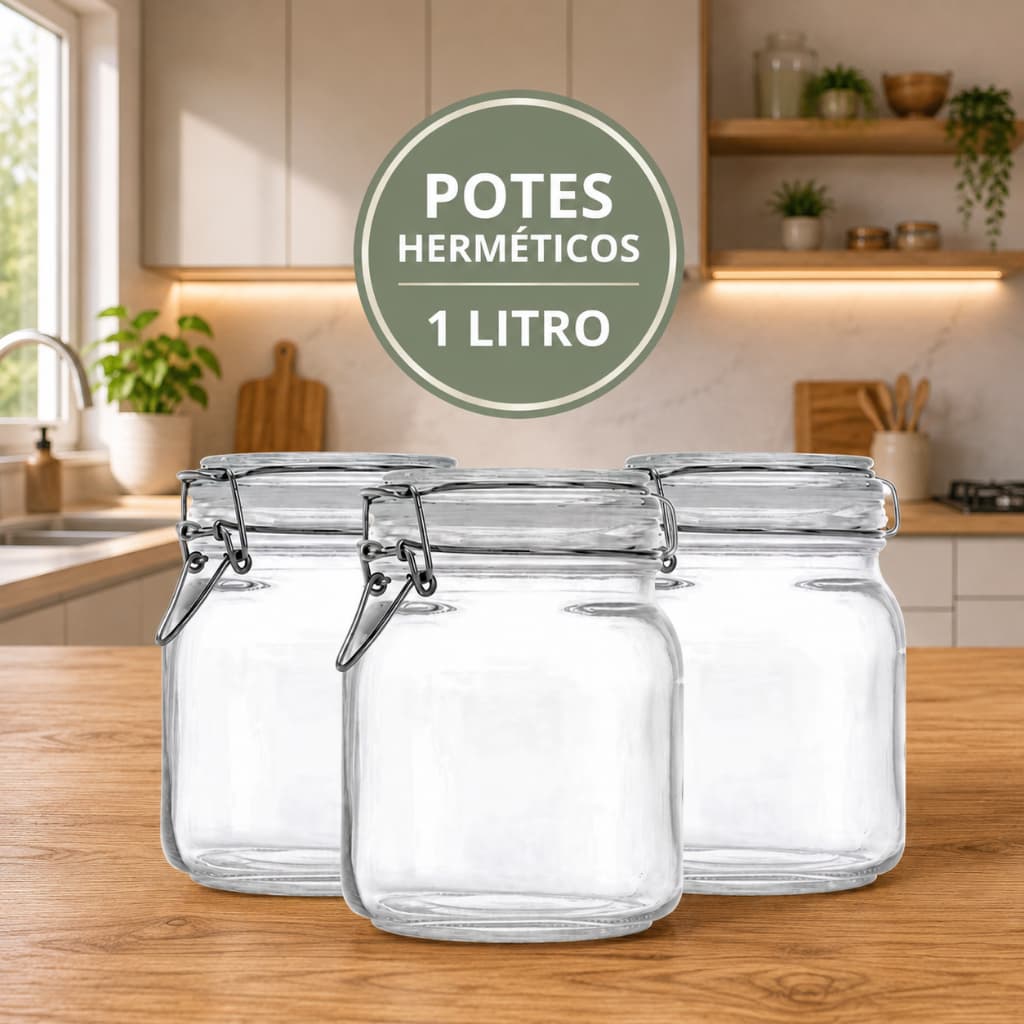 Pote de Vidro com vedação Hermética e Trava de Inox - 1 Litro - Pote de Vidro Ideal para mantimentos