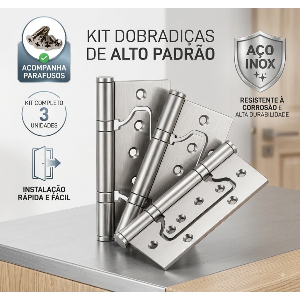 Kit 3/6/9 Dobradiça Sobrepor Aço Inox Escovado 4x3 Reforçado Com Parafuso