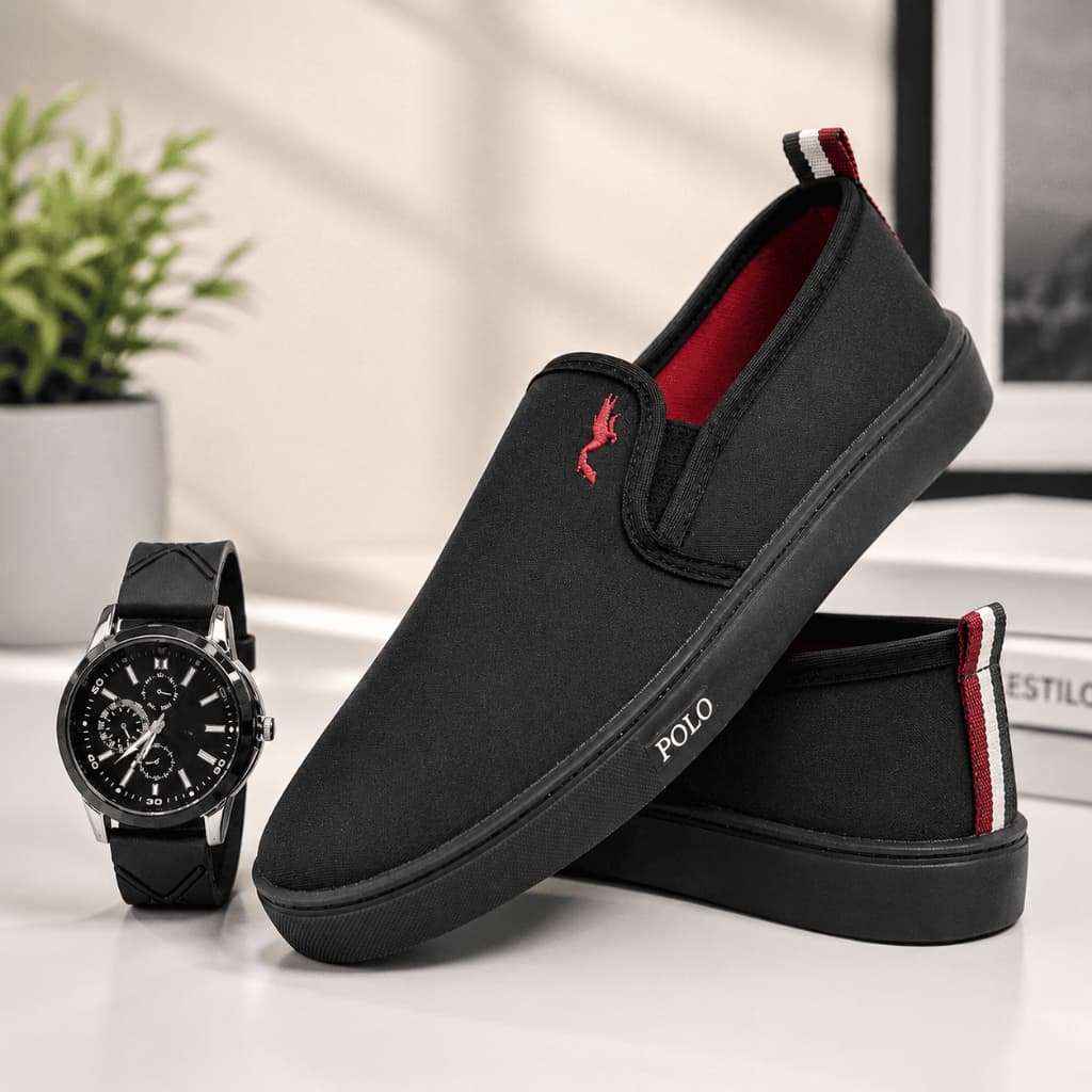 Sapatênis Masculino Slip On Casual em Lona Calce Fácil Dia a Dia com Relógio Analógico